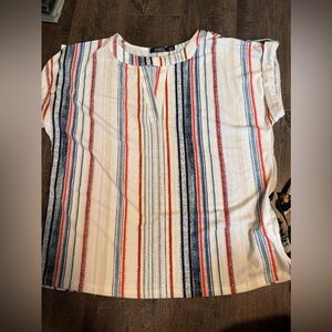 Striped Short Sleeve Top in White with Navy & Red Stripes